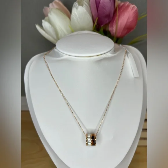 Michael Kors Rose Gold Double Tortoise Shell Barrel Pendant Necklace - Picture 1 of 5